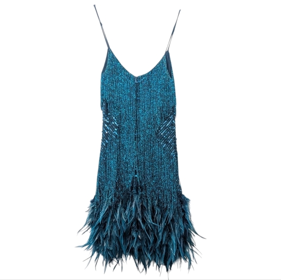 NWT Nadine Merabi Lottie Teal Blue Beaded Feather Mini Dress Sz Small/4 - Picture 8 of 16